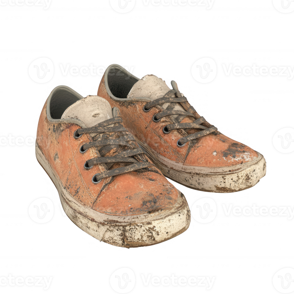 Worn and dirty orange sneakers symbolizing active lifestyle and adventure. png