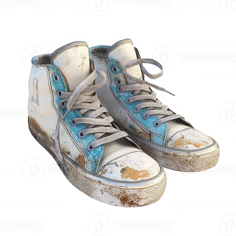 Worn-out sneakers with a unique blue and white design, showcasing urban style. png