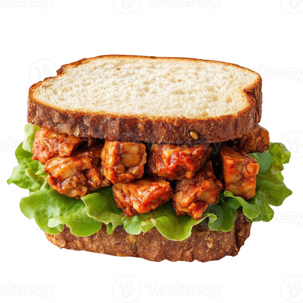 Delicious sandwich filled with crispy tempeh and fresh lettuce on whole grain bread. png
