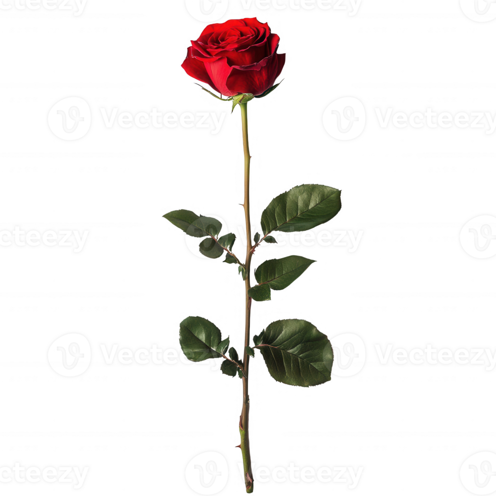 Single red rose with fresh leaves, symbolizing love and passion. png