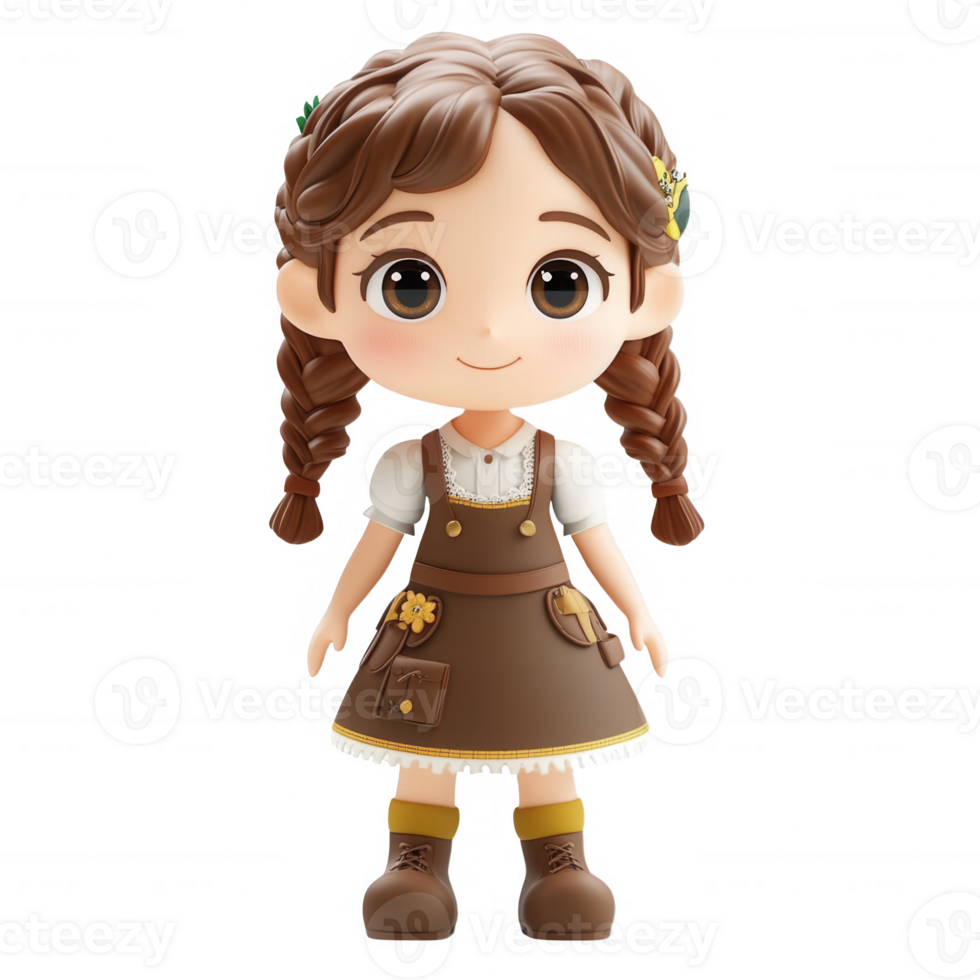 Cute animated girl with braided hair, wearing a brown dress with floral designs. png