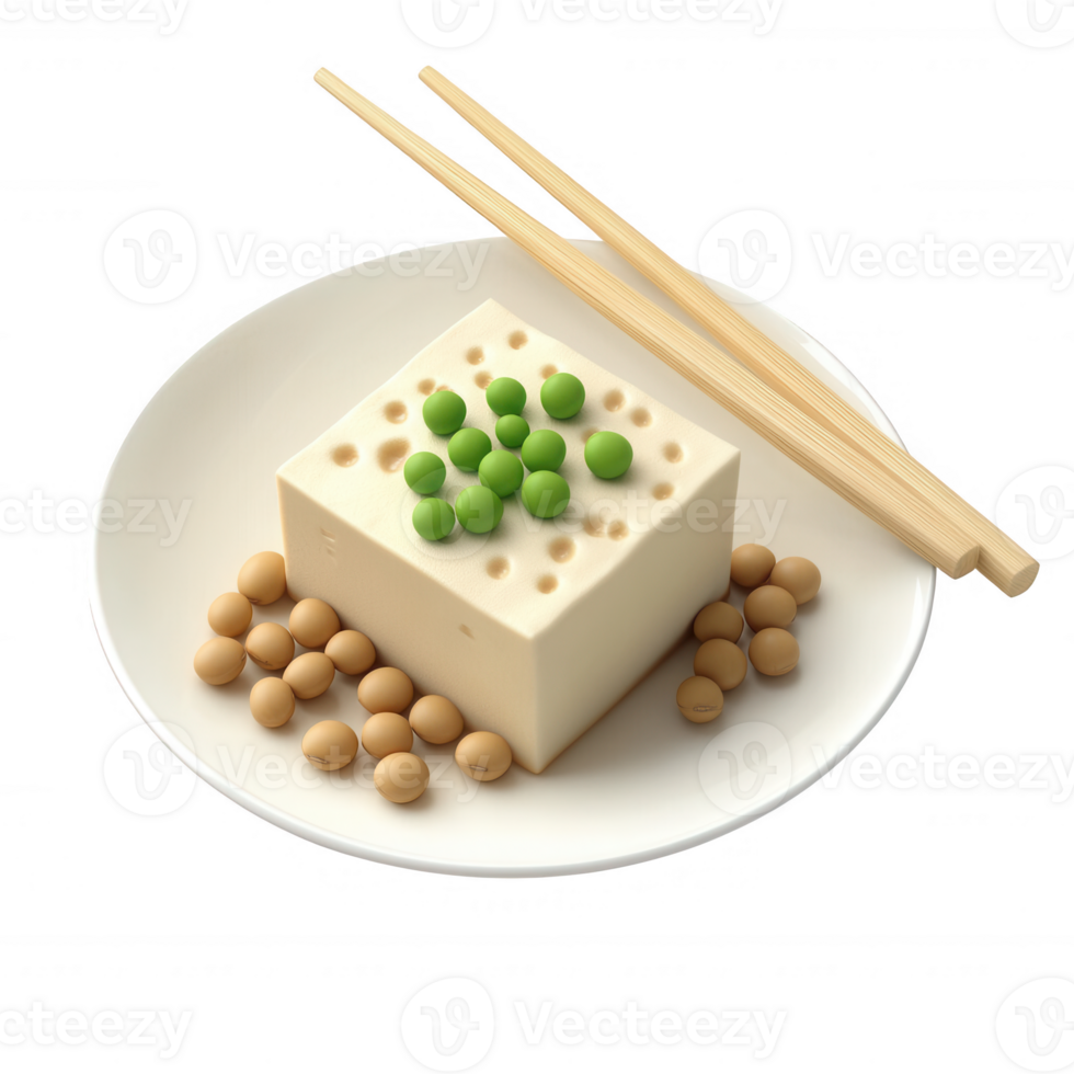 Delicious tofu dish garnished with green peas and served with soybeans on a plate. png