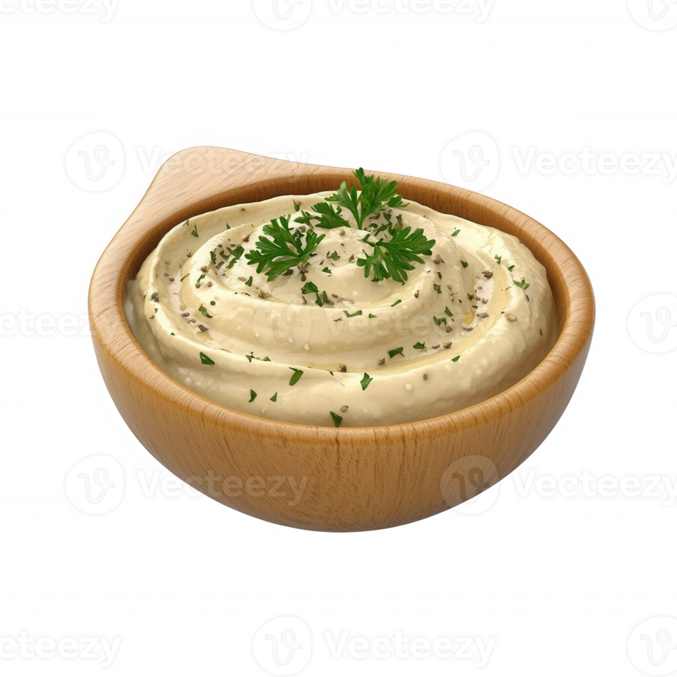 Creamy dip garnished with fresh herbs in a wooden bowl, perfect for any meal. png