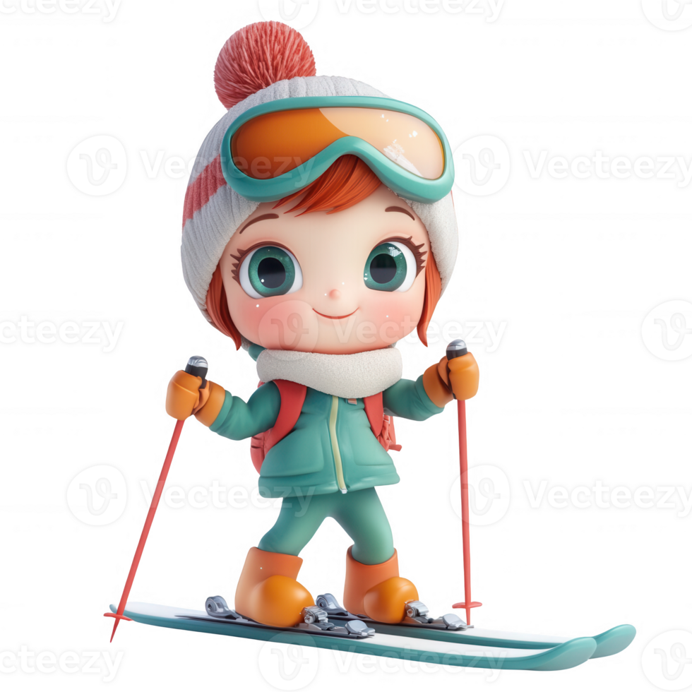Cute cartoon character skiing, wearing winter gear, ready for snowy adventures. png