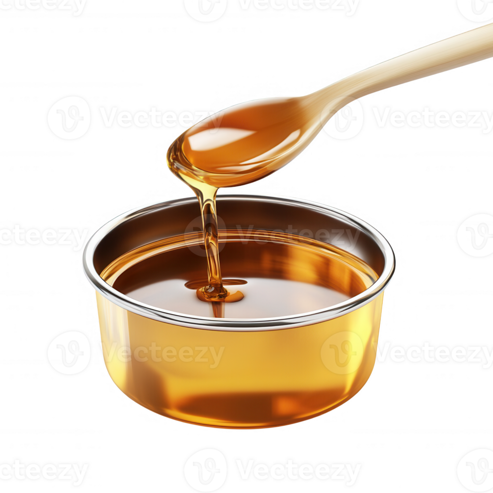 Golden honey being poured from a wooden spoon into a small metal bowl. png