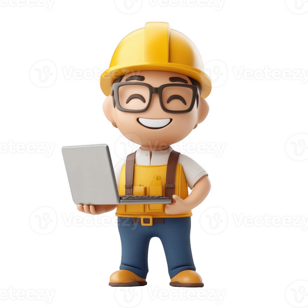 Happy construction worker using laptop for project management and communication. png