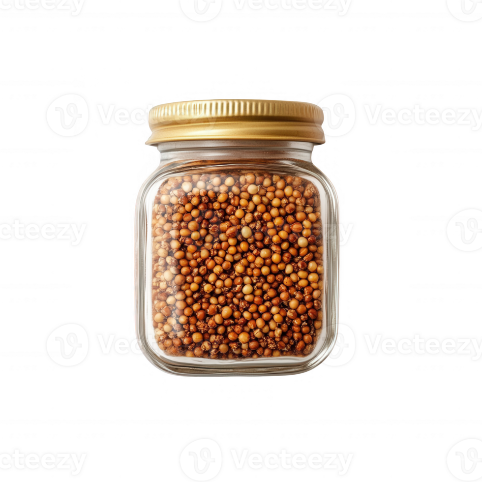 Glass jar filled with assorted mustard seeds for culinary use. png