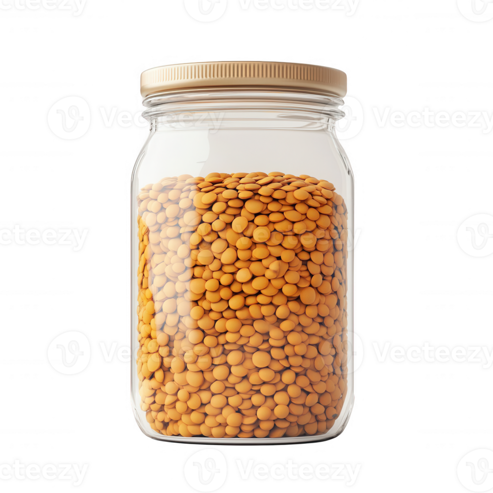 Glass jar filled with golden lentils, showcasing healthy food options and storage ideas. png
