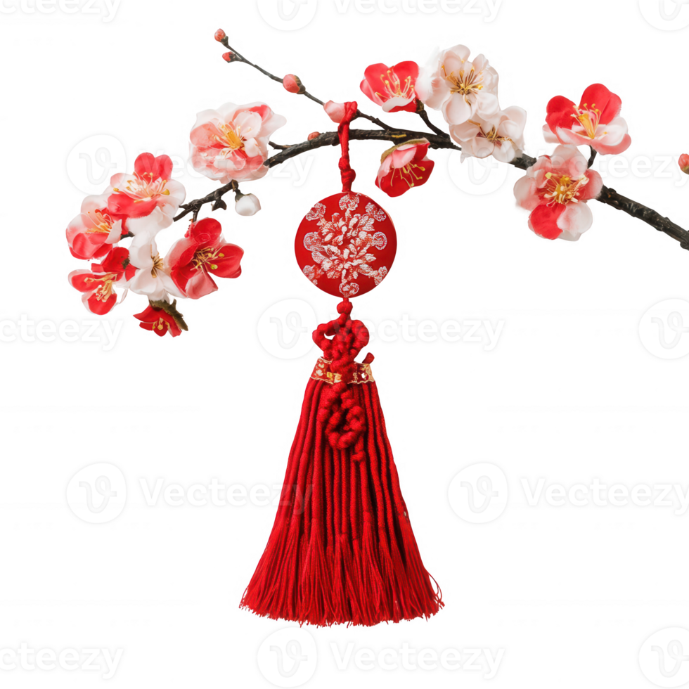 Elegant red tassel adorned with blossoms, symbolizing cultural richness and tradition. png