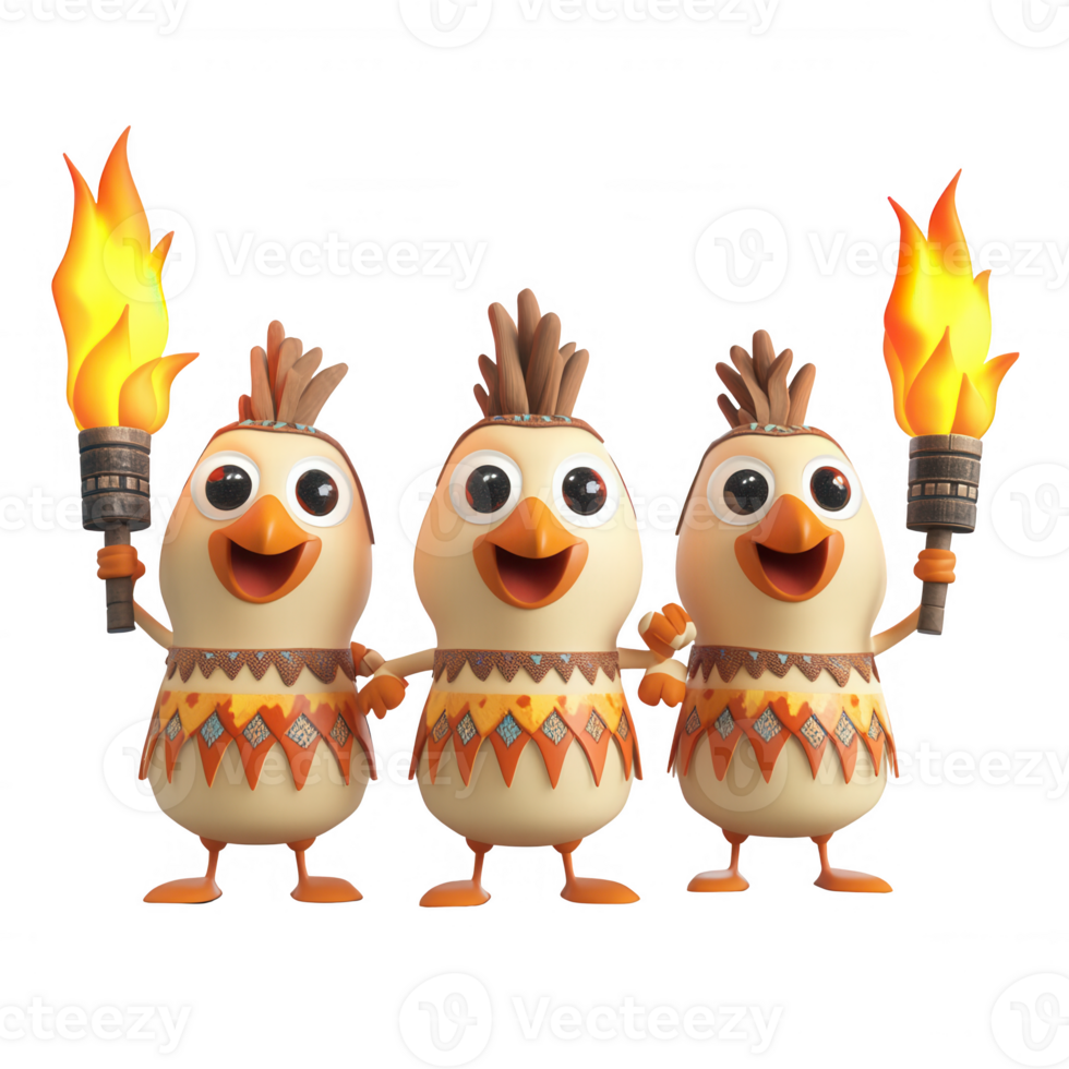 Three cheerful cartoon birds holding torches, portraying a festive celebration theme. png