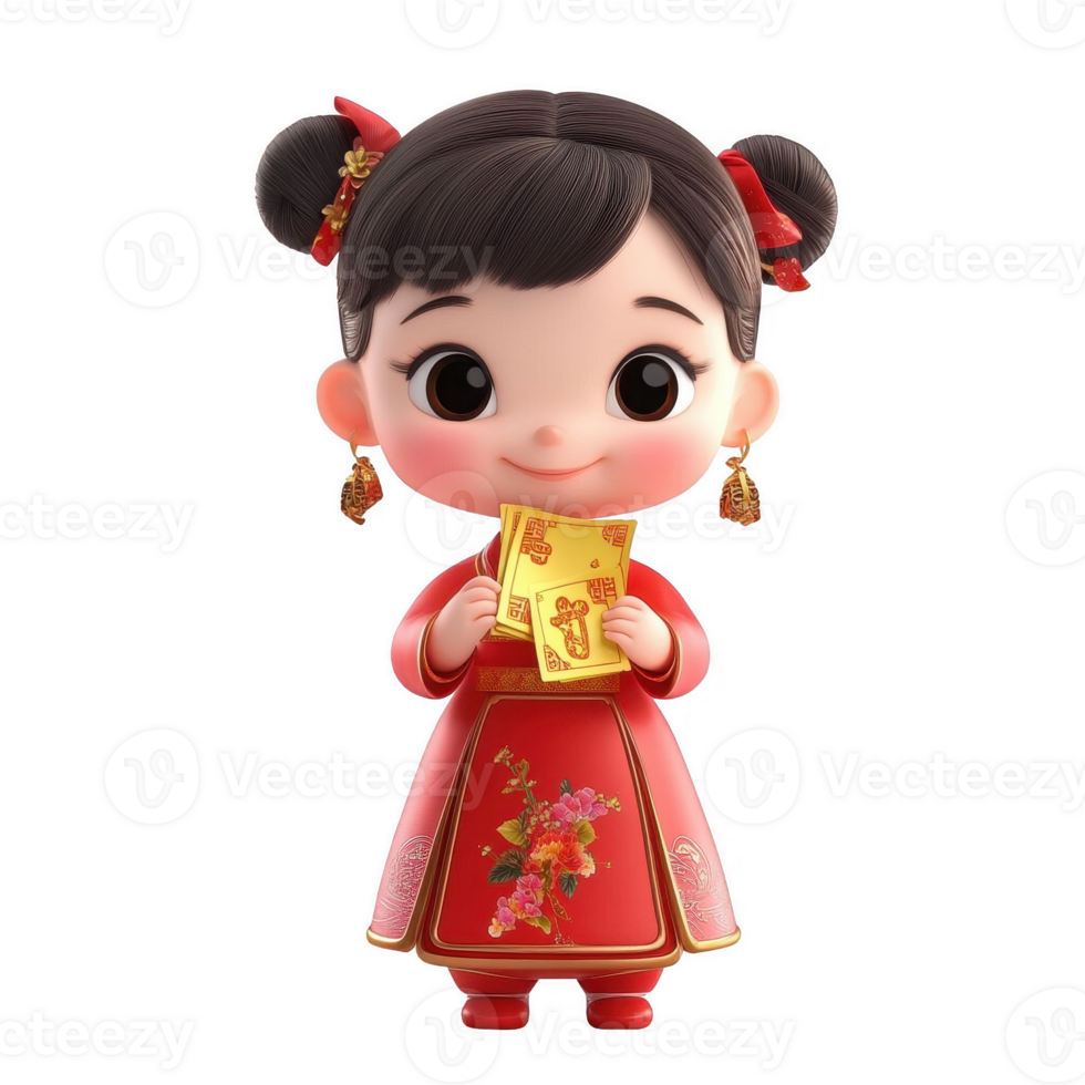 Cute girl in traditional attire holding a decorative envelope for a festive celebration. png