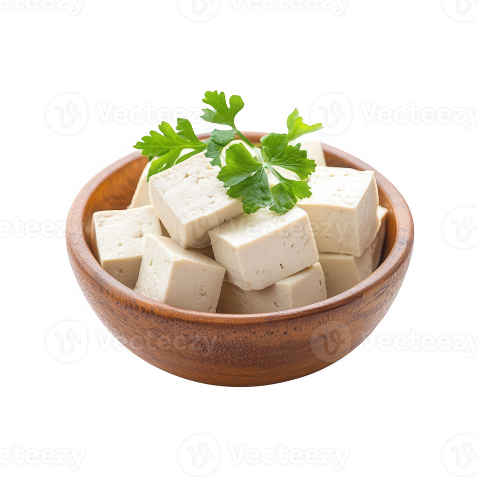 Fresh tofu cubes garnished with parsley in a wooden bowl. png