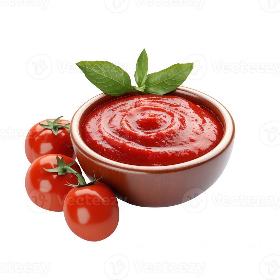 Fresh tomato sauce served in a bowl with ripe tomatoes and basil leaves. png