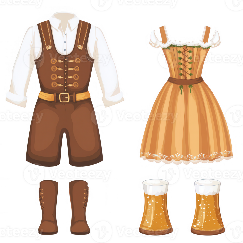 Traditional outfits and beer mugs representing festive cultural attire. png