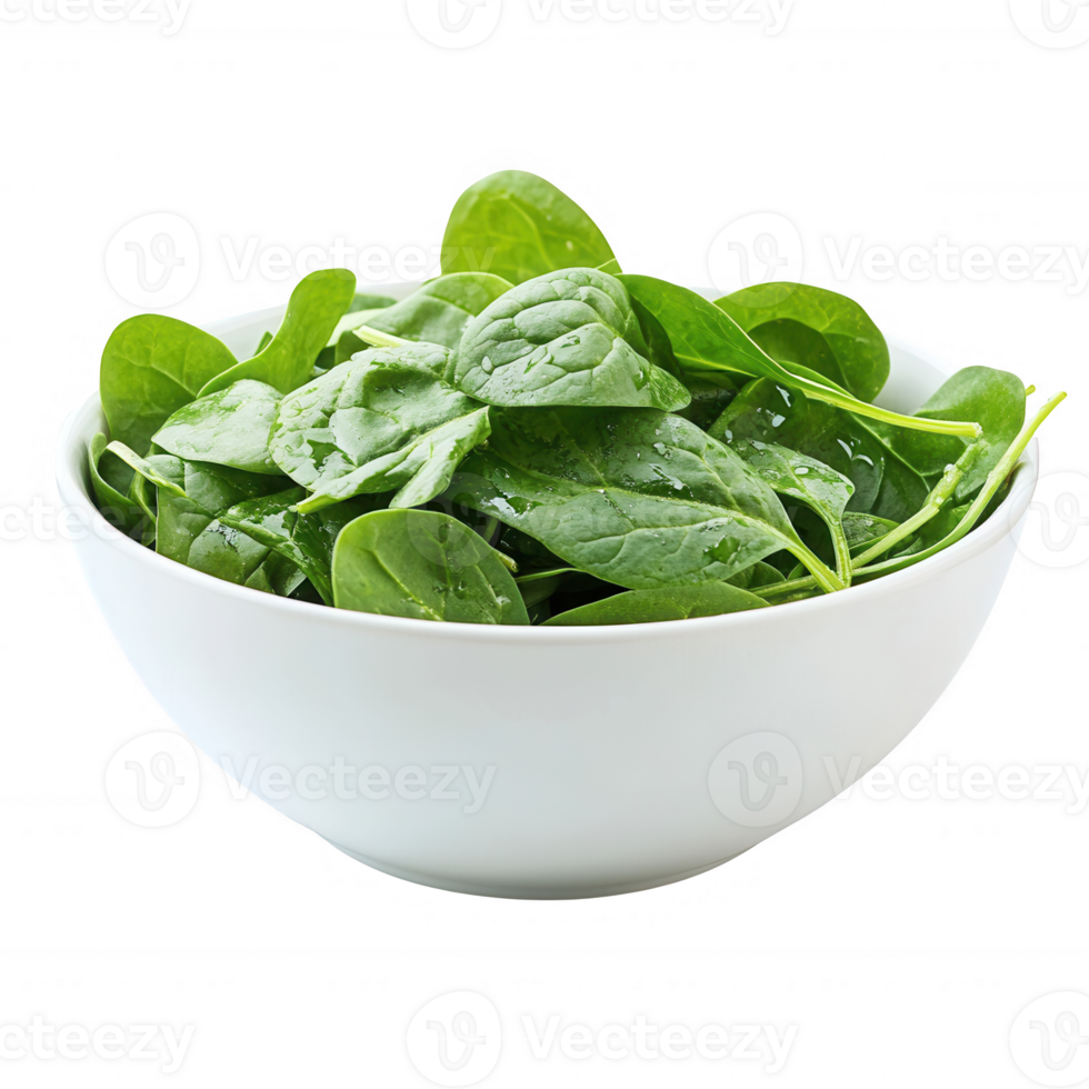 Fresh and vibrant spinach leaves in a white bowl, perfect for healthy recipes. png