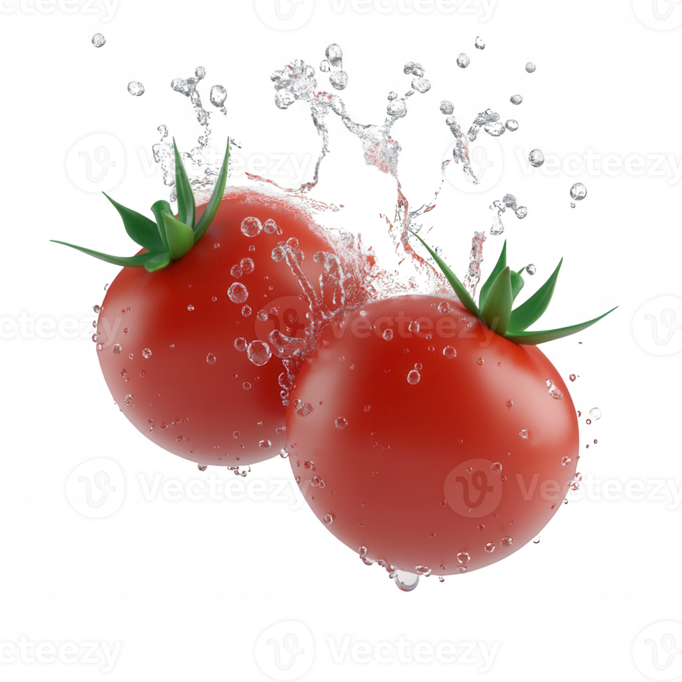Fresh tomatoes splashing in water, symbolizing crispness and vitality in cooking. png