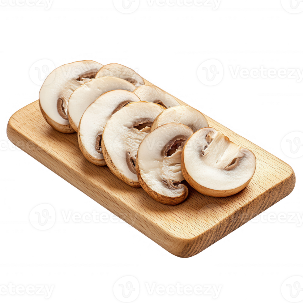 Freshly sliced mushrooms arranged on a wooden cutting board ready for cooking. png