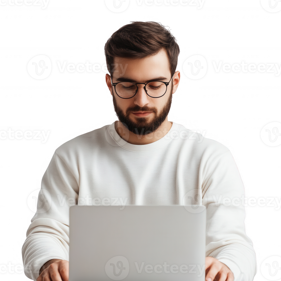 Focused man working on laptop, showcasing modern remote working lifestyle. png