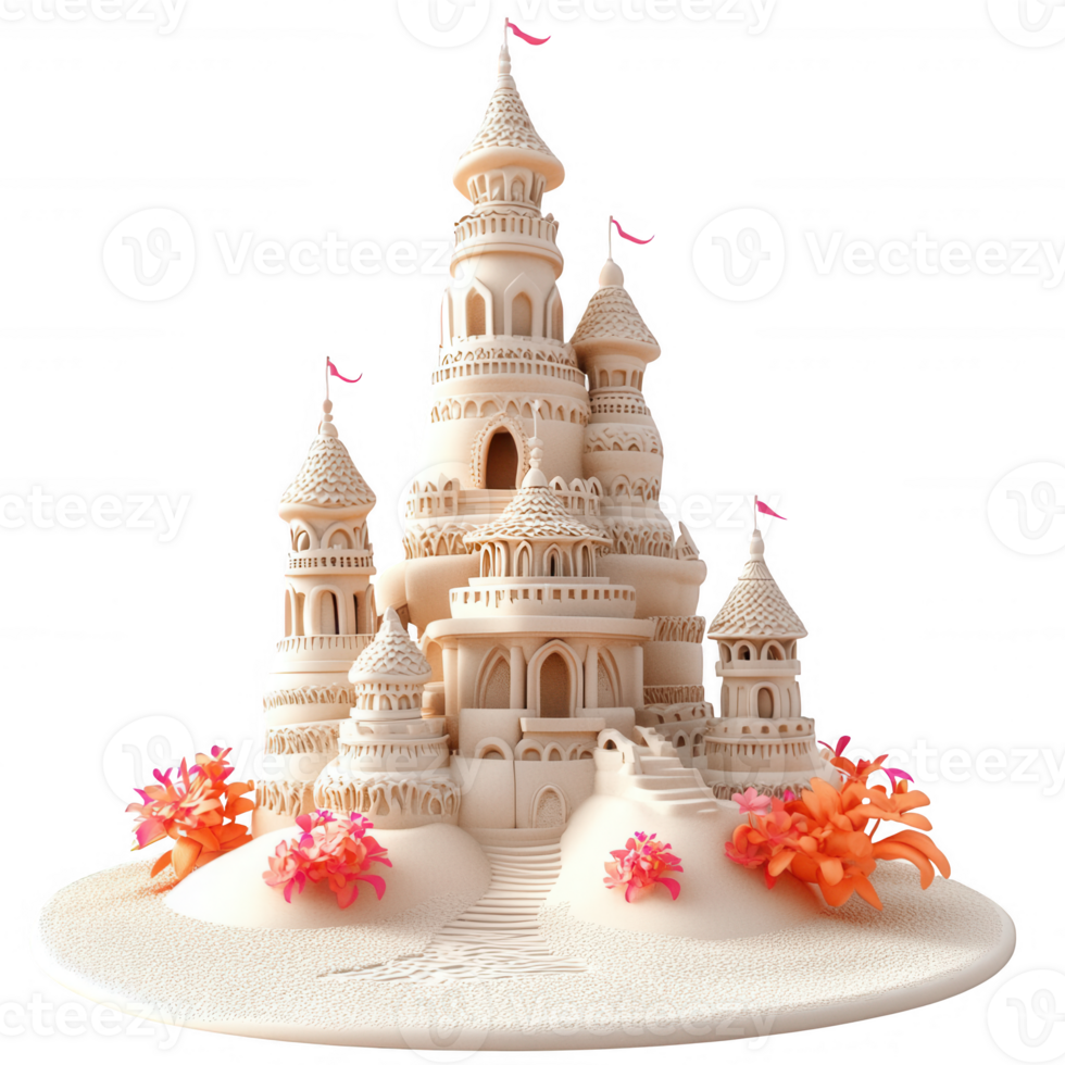 Intricate sandcastle design showcasing creativity and craftsmanship at the beach. png