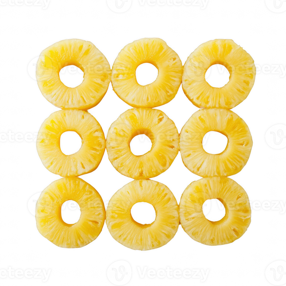 Fresh pineapple rings arranged in a vibrant and appetizing pattern. png