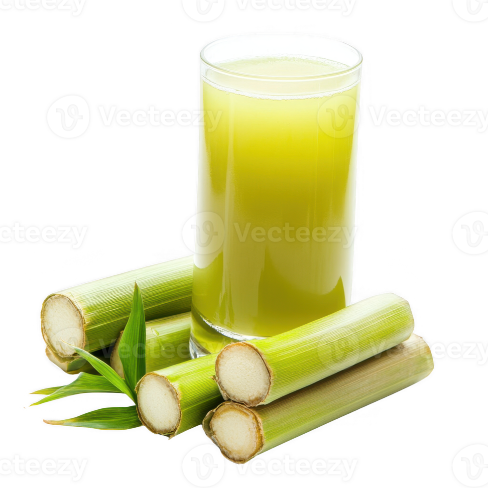 Freshly squeezed green juice in a glass with sugarcane sticks by its side. png