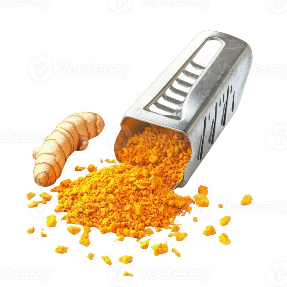 Fresh turmeric root beside a grater with vibrant yellow turmeric powder spilling out. png
