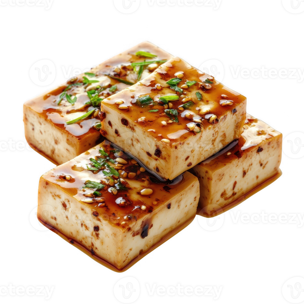 Delicious tofu cubes drizzled with savory sauce and topped with green onions. png