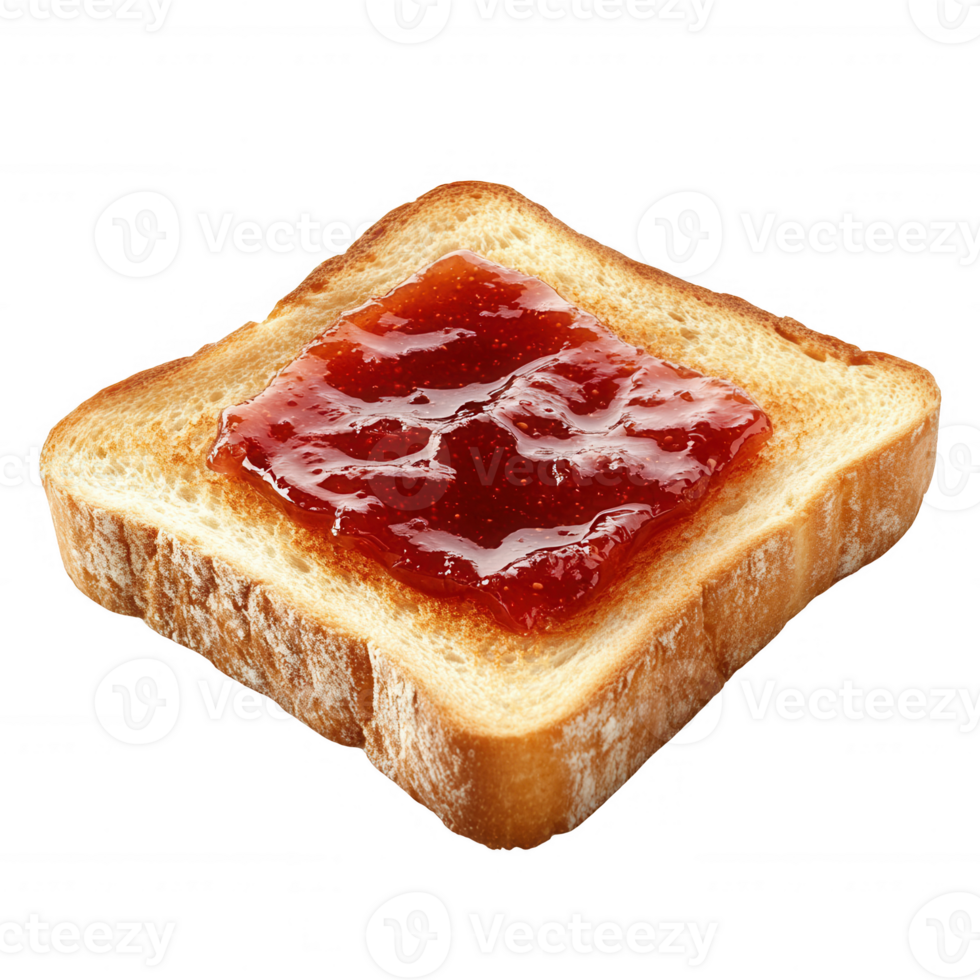 Delicious slice of bread topped with vibrant strawberry jam ready to be enjoyed. png