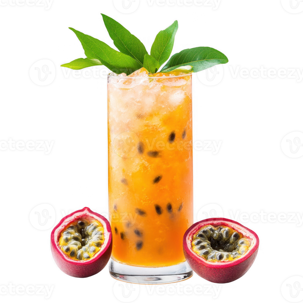 Refreshing passion fruit drink with ice, garnished with green leaves, perfect for summer. png