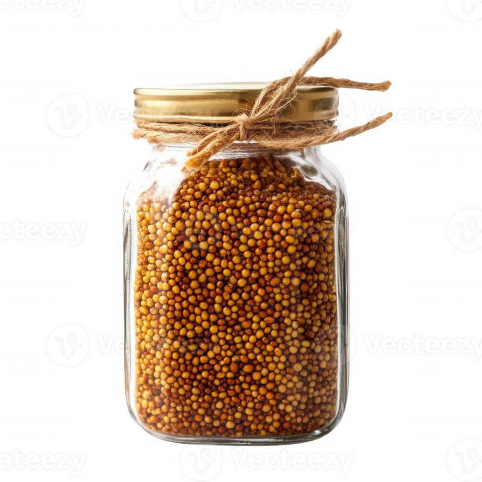 Glass jar filled with mustard seeds, perfect for culinary uses and food photography. png