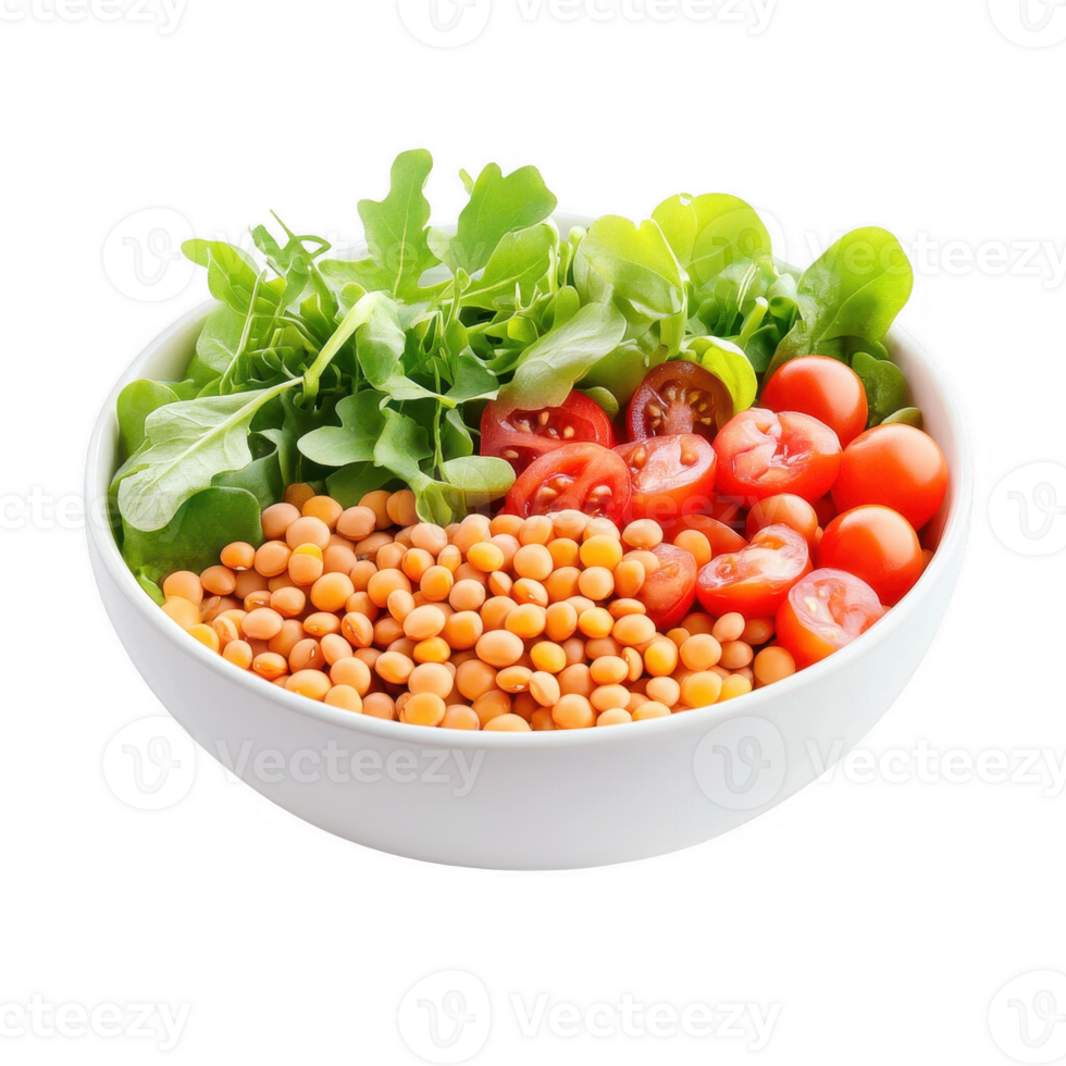 Fresh salad with greens, tomatoes, and chickpeas in a white bowl. png