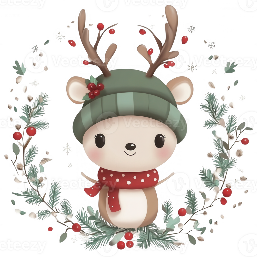 Cute cartoon reindeer wearing a green hat in a festive wreath with berries and foliage. png