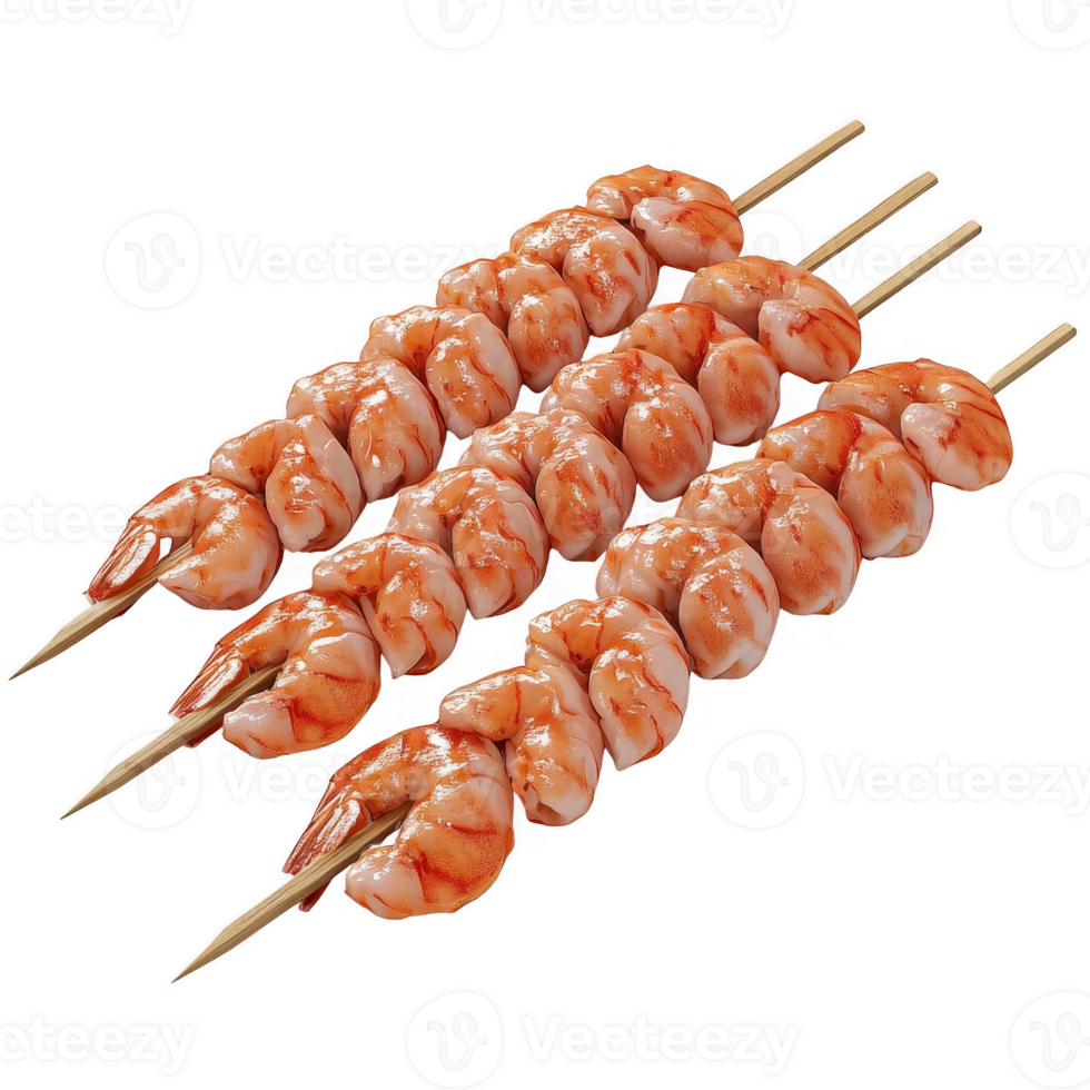Delicious shrimp skewers ready for grilling or serving at a festive gathering. png