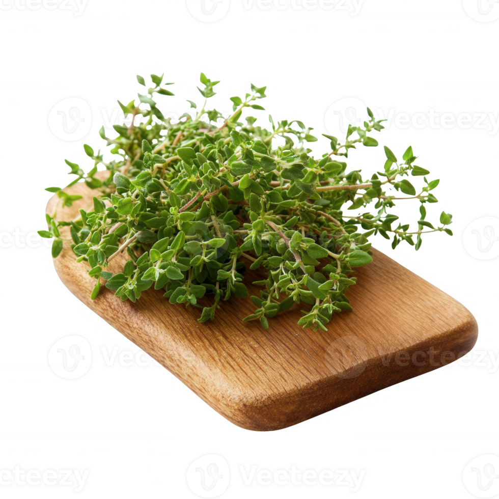 Fresh thyme sprigs displayed on a wooden cutting board for culinary use. png