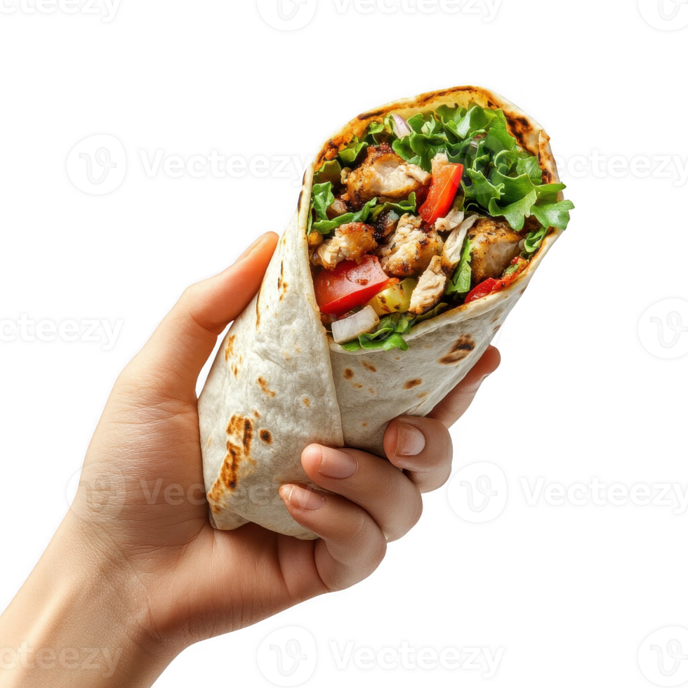 Delicious tortilla wrap filled with fresh vegetables and grilled chicken in hand. png