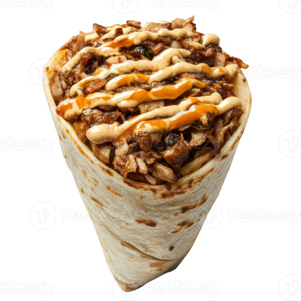 Delicious wrap filled with spiced meat and sauce, perfect for a quick meal. png