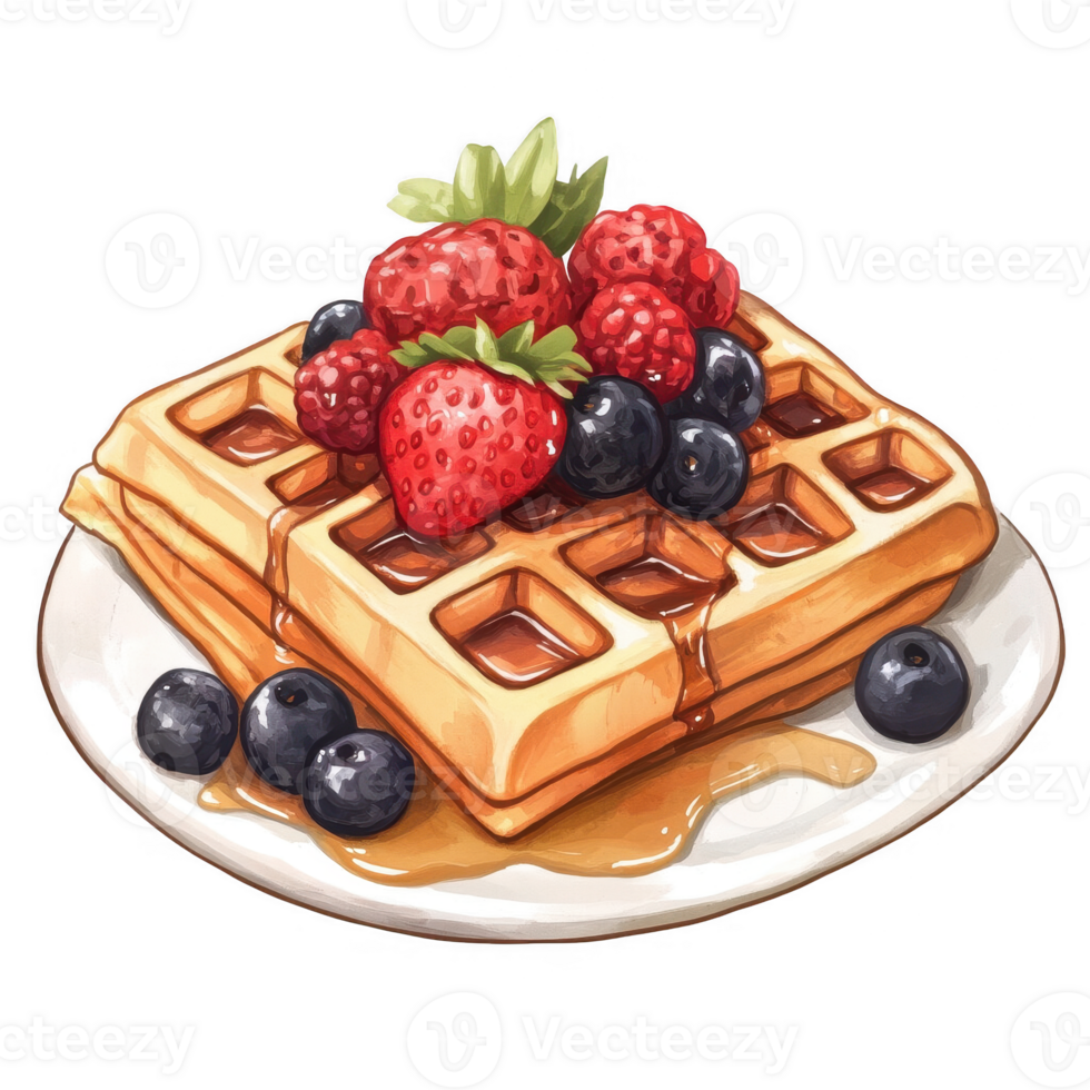 Delicious waffle topped with fresh berries and syrup, perfect breakfast treat. png