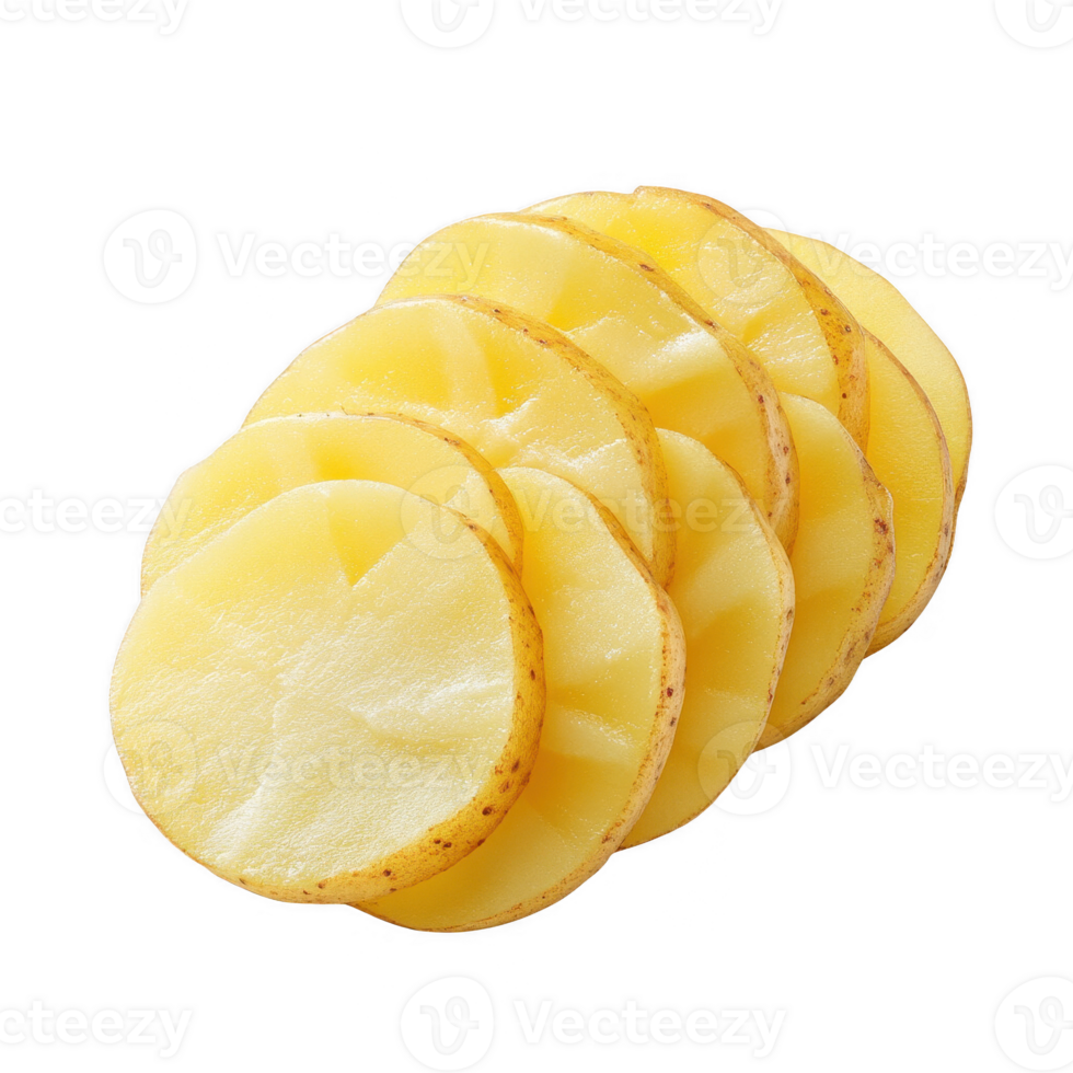 Freshly sliced potatoes arranged neatly on a clean surface for culinary use. png