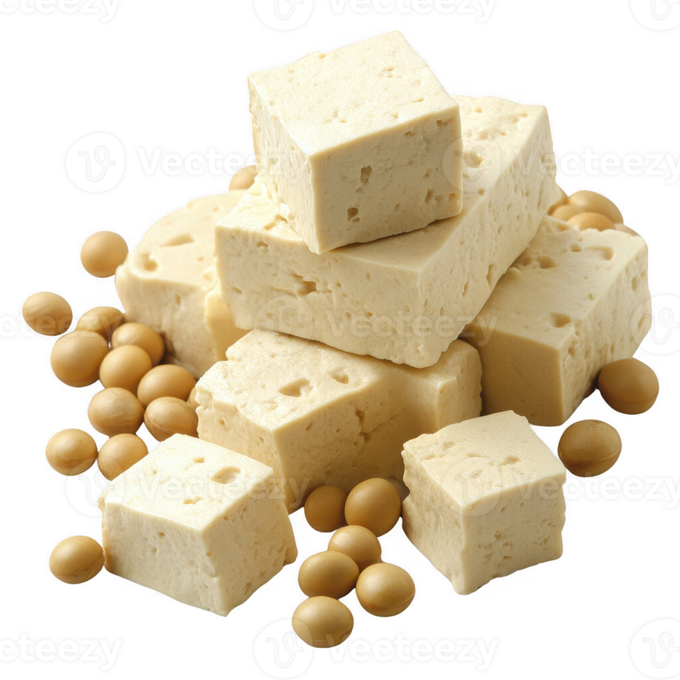 Delicious tofu cubes surrounded by healthy soybean grains, ideal for plant-based meals. png