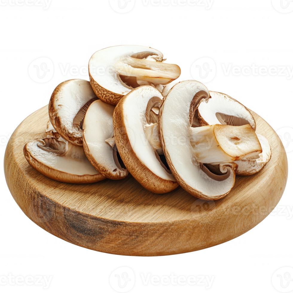 Freshly sliced mushrooms on a wooden cutting board, perfect for culinary use. png