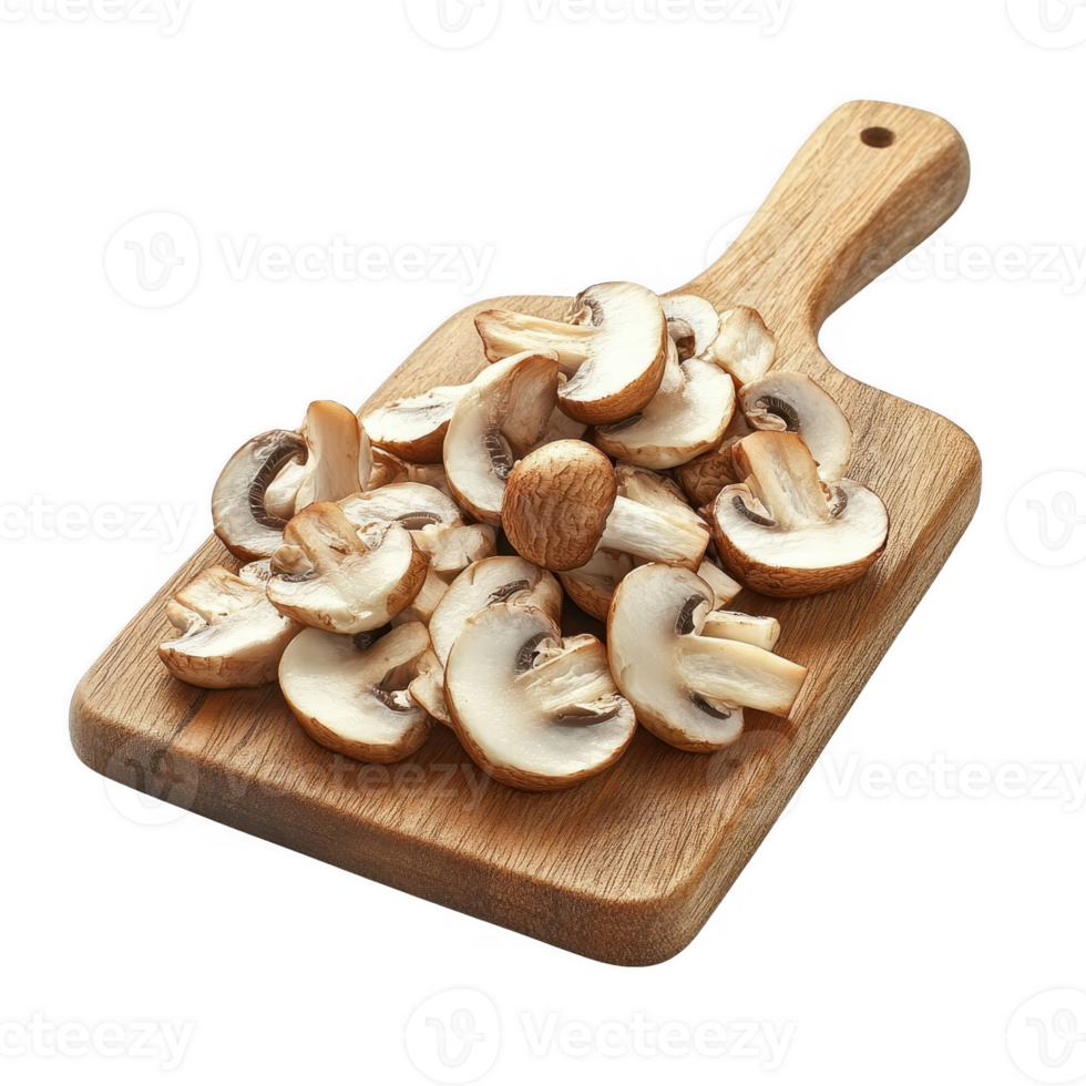 Freshly sliced mushrooms on a wooden cutting board ready for cooking or meal preparation. png