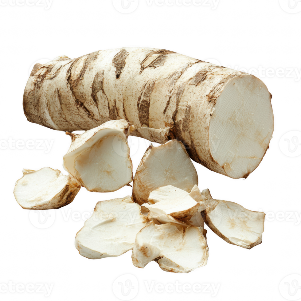 Fresh horseradish root and slices, perfect for culinary use and gourmet dishes. png