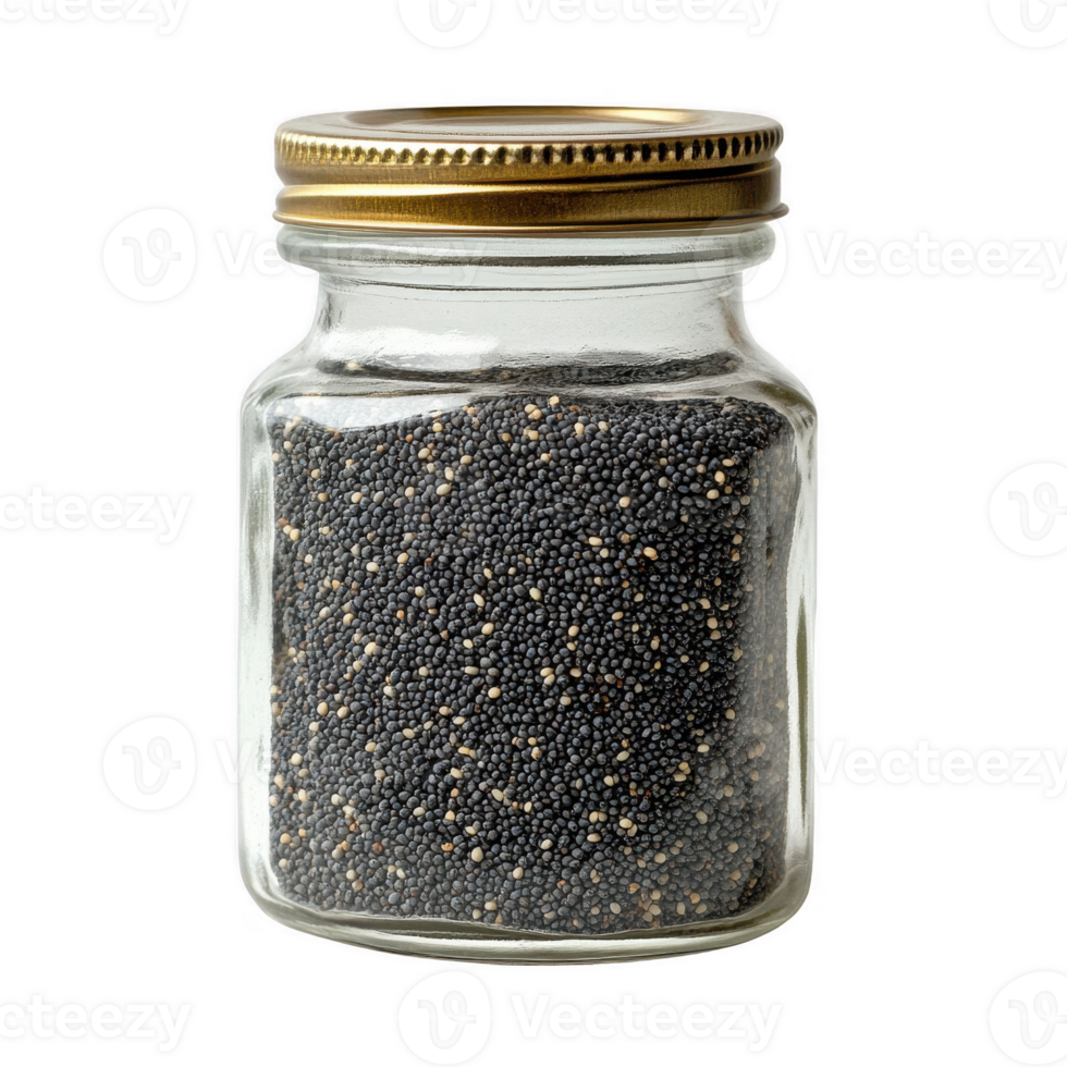 Glass jar filled with black poppy seeds, perfect for culinary use and recipes. png