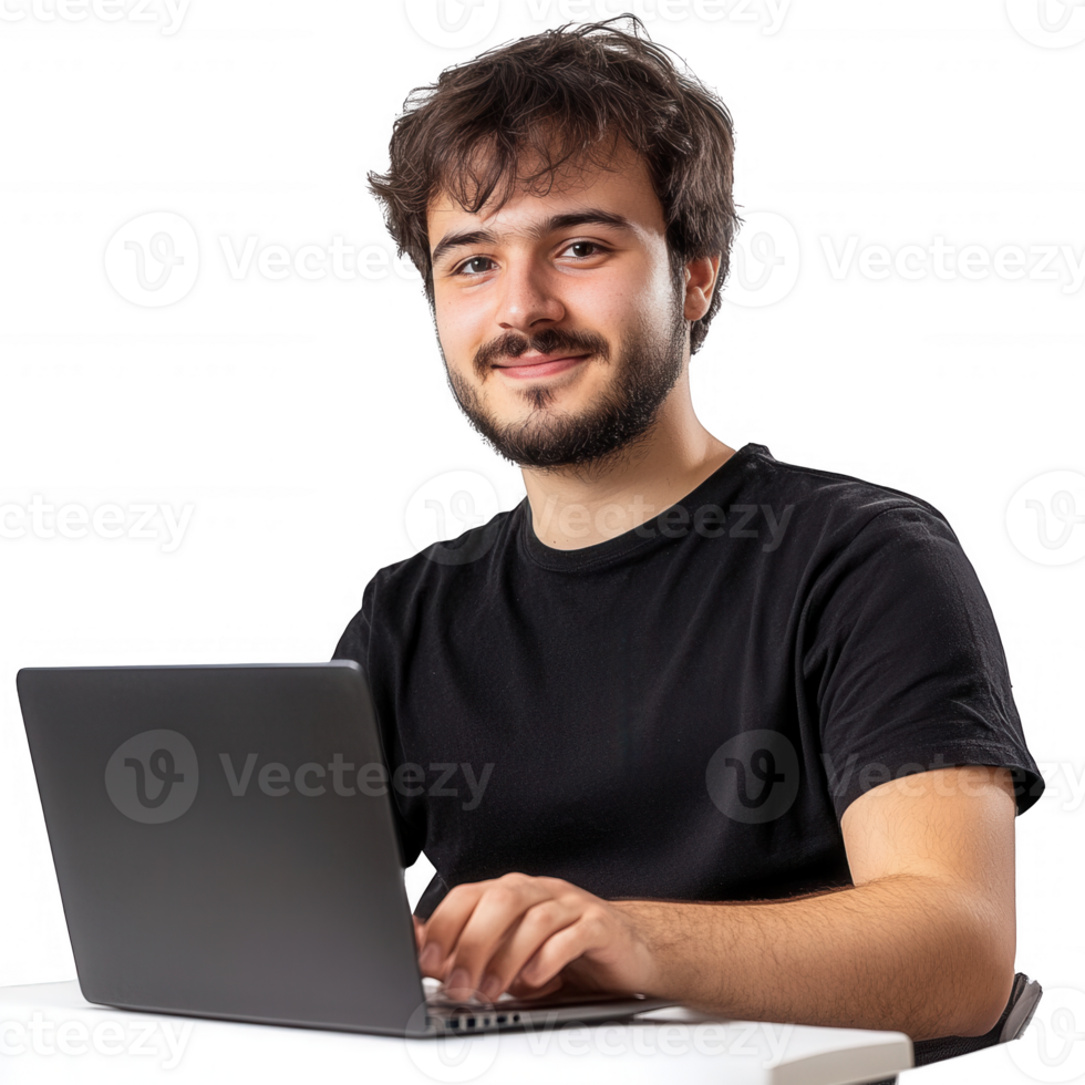 Young man working on laptop, smiling and focused in a modern workspace. png