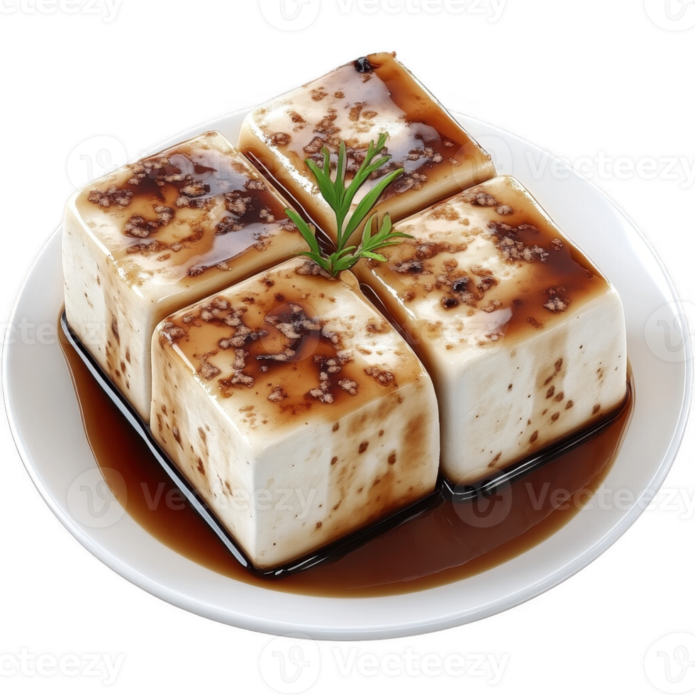 Delicious tofu cubes drizzled with savory sauce, garnished with herbs on a white plate. png