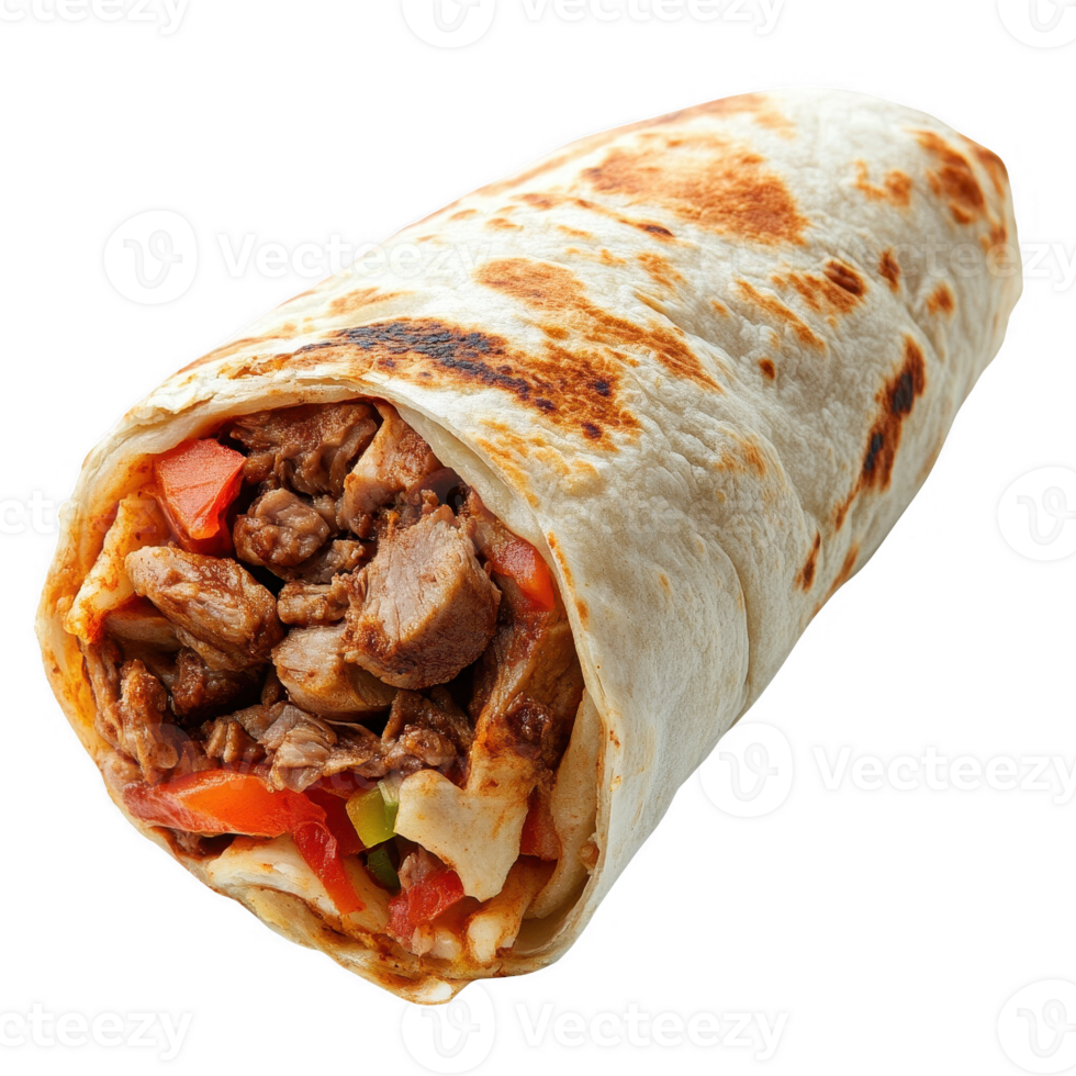 Deliciously wrapped burrito filled with savory meat and fresh vegetables. png
