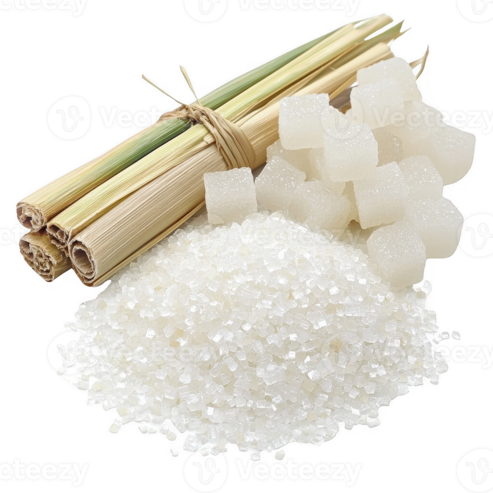 Fresh cane sugar with sugar cubes and stalks, perfect for culinary use and recipes. png