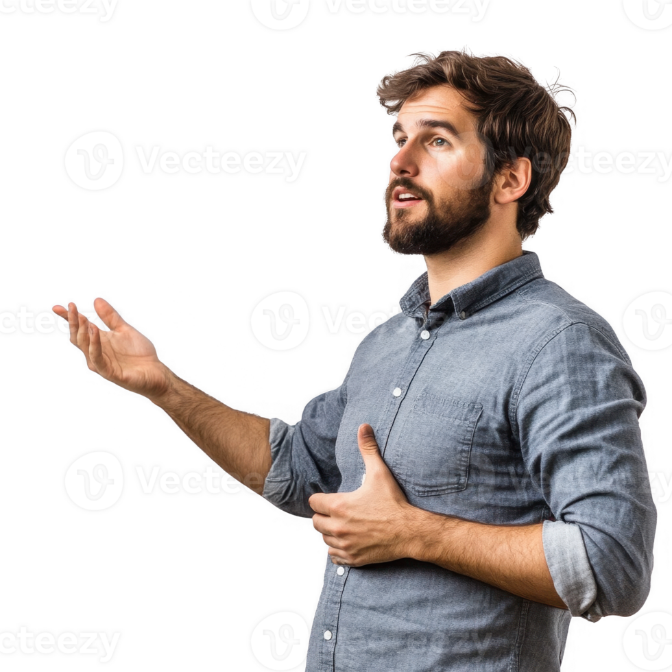 Confident young man presenting ideas in a professional setting with enthusiasm. png