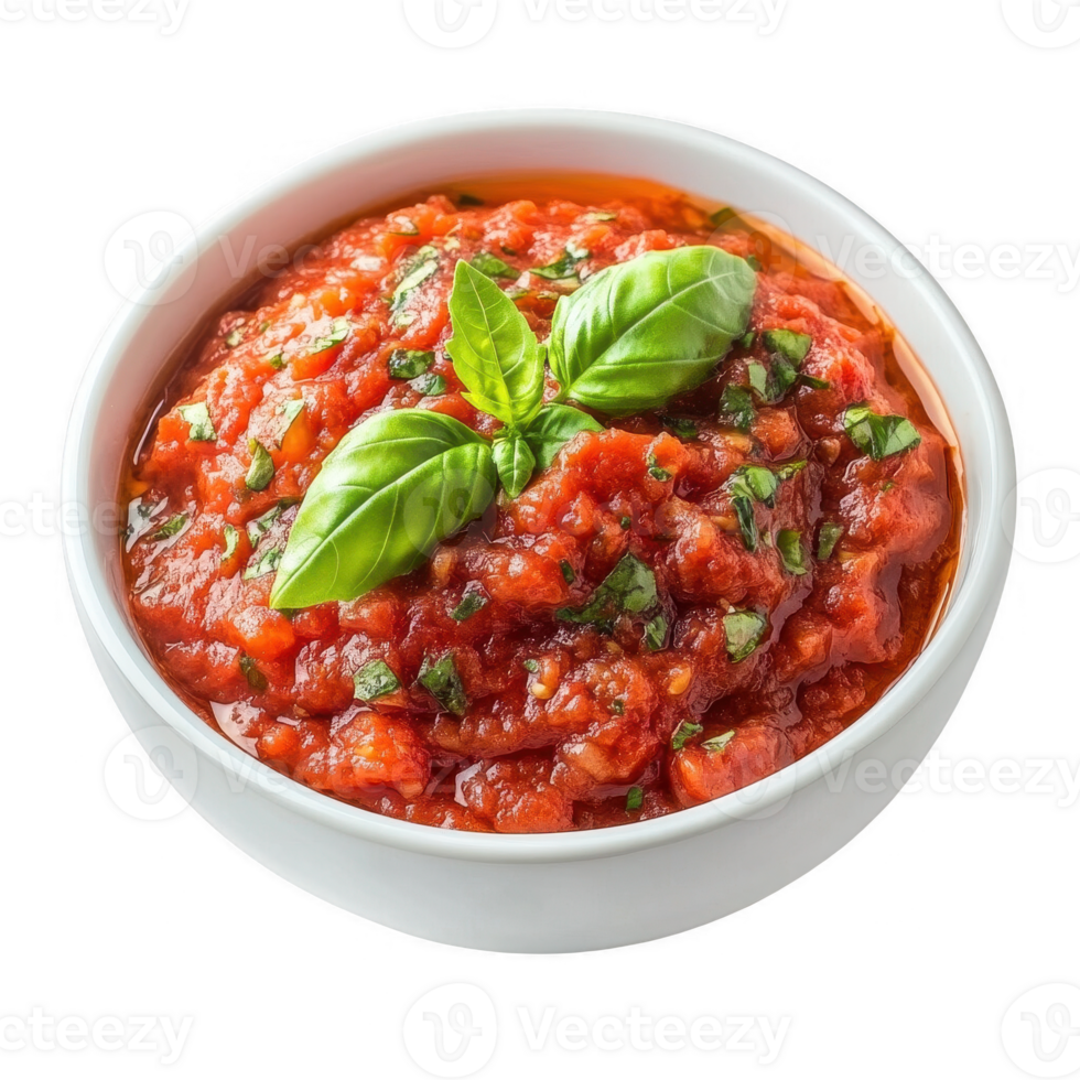 Fresh homemade tomato sauce garnished with basil in a white bowl. png