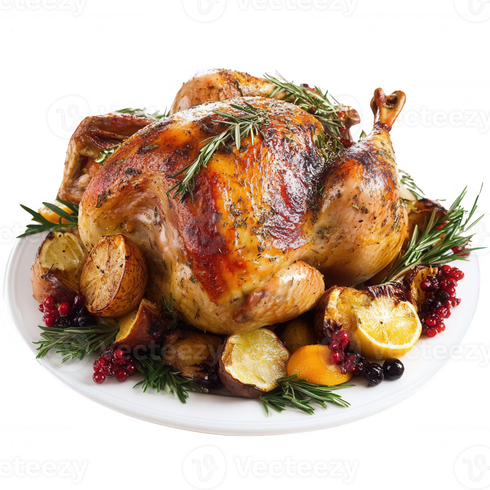 Roast turkey garnished with herbs and fruits, perfect for holiday celebrations. png
